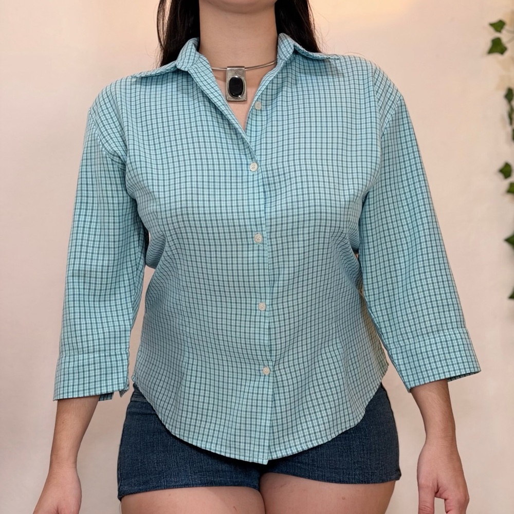 Vintage y2k Light Blue Checked Button-Down Shirt